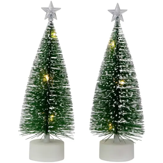 Northlight LED Lighted Mini Bottle Brush Pine Christmas Village Trees - Warm White - Set of 2 Green {1}