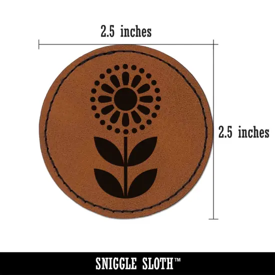Scandinavian Sunflower Round Iron-On Engraved Faux Leather Patch Applique - 2.5" Brown {3}