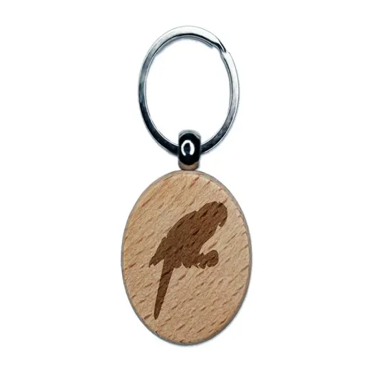 Parrot on Branch Bird Sketch Solid Engraved Wood Round Keychain Tag Charm {1}