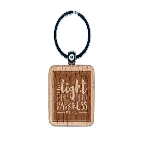 Inspirational The Light Shines in the Darkness Bible Verse Engraved Wood Square Keychain Tag Charm {1}