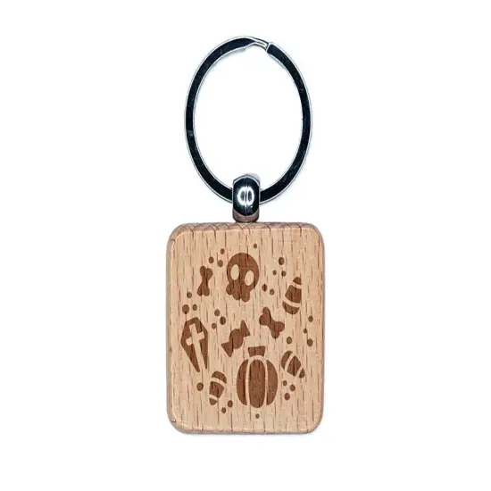 Halloween Elements Skull Pumpkin Candy Corn Grave Engraved Wood Square Keychain Tag Charm {1}