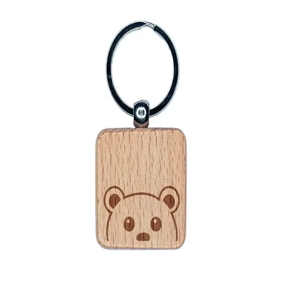 Peeking Bear Engraved Wood Square Keychain Tag Charm {1}