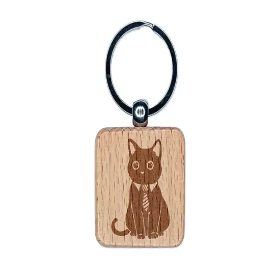Business Cat with Tie Engraved Wood Square Keychain Tag Charm {1}