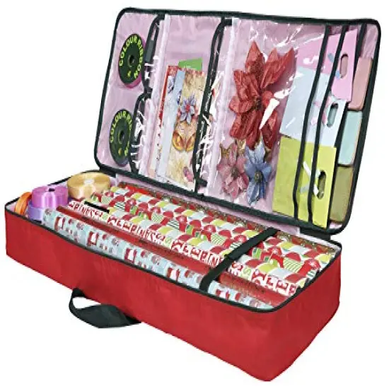 Christmas Wrapping Paper Storage Bag with Pockets | Gift Wrap Organizer Container | 37” x 14” x 4” | Underbed Durable Box Made of 600D Oxford Material (Red) {2}
