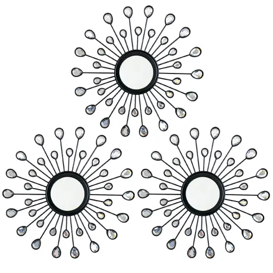 3 Pack Metal Wall Mirrors Rhinestones Starburst Mirror Set Bling Home Decorative Hanging Wall Art for Living Room Bedroom-Water-Drop Burst Black {2}