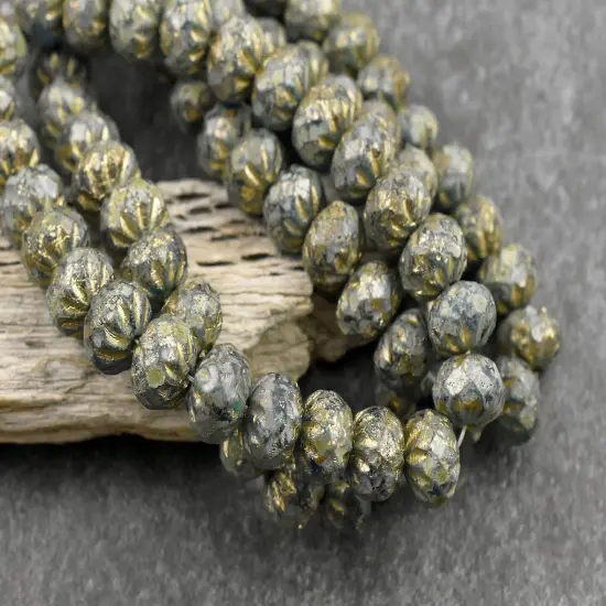 *25* 6x9mm Gold Washed Etched Pacific Blue Picasso Cruller Rondelle Beads {2}