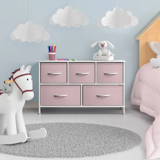 Sorbus Dresser with 5 Drawers - Storage Chest Organizer Unit with Steel Frame, Wood Top, Easy Pull Fabric Bins - Long Wide TV Stand for Bedroom Furniture, Hallway, Closet & Office Organization Pink {3}