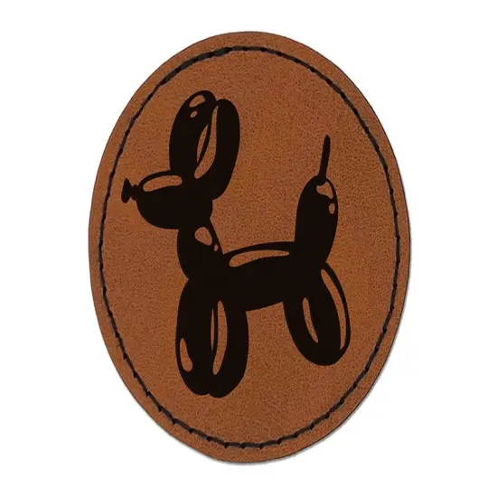 Balloon Animal Dog Round Iron-On Engraved Faux Leather Patch Applique - 2.5" Brown {1}