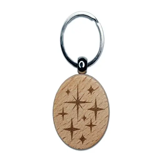 Retro Vintage Four Pointed Stars Engraved Wood Round Keychain Tag Charm {1}
