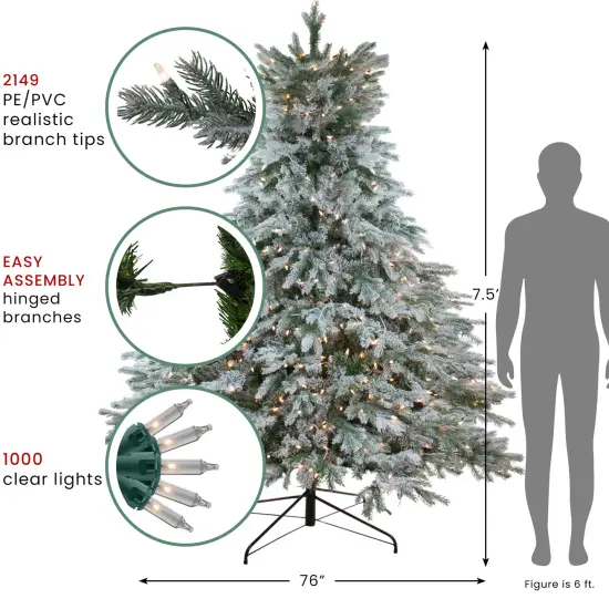 Northlight Real Touch&trade;️ Pre-Lit Full Flocked Jasper Balsam Fir Artificial Christmas Tree - 7.5' - Clear Lights Green {5}