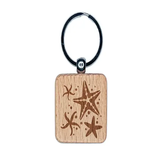 Ocean Starfish Sea Stars Engraved Wood Square Keychain Tag Charm {1}
