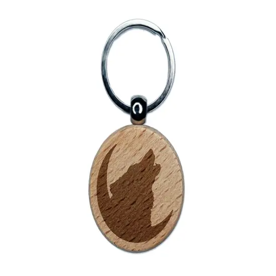 Wolf Howling Crescent Moon Engraved Wood Round Keychain Tag Charm {1}