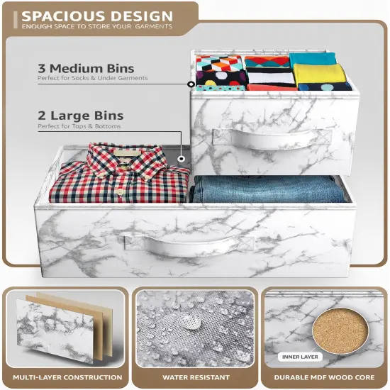 Sorbus Dresser with 5 Drawers - Storage Chest Organizer Unit with Steel Frame, Wood Top, Easy Pull Fabric Bins - Long Wide TV Stand for Bedroom Furniture, Hallway, Closet & Office Organization Marble white {5}