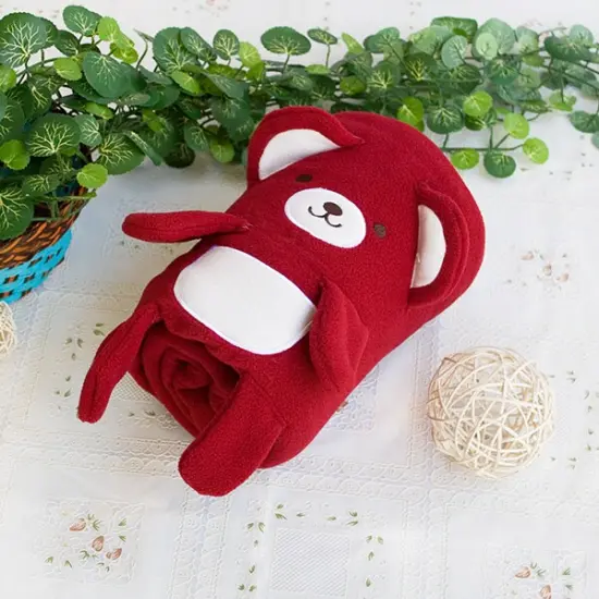Happy Bear Embroidered Applique Coral Fleece Baby Throw Blanket Red {1}