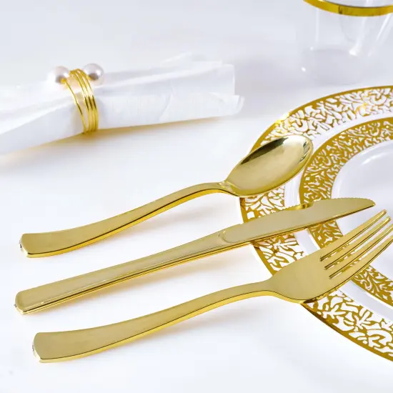 150 Pieces Gold Dinnerware Set, Elegant Plastic Plates Disposable Include: 25 Gold Lace Plastic Plates, 25 Dessert Plates, 25 Forks, 25 Knives, 25 Spoons, 25 Cup, Ideal for Party, Birthday {3}
