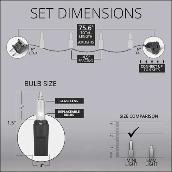 82w Commercial 200 Clear Mini Lights Lamp Lock Green Wire 4.5-in Spacing {4}