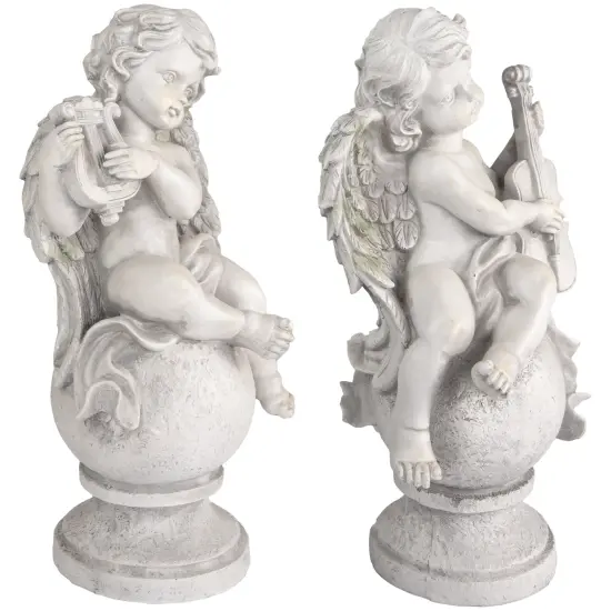 Northlight Set of 2 Cherub Angels with Violin and Harp on Finials Outdoor Garden Statues 15.25" Gray {4}