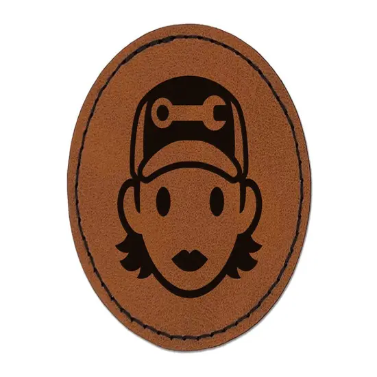 Occupation Mechanic Engineer Woman Icon Round Iron-On Engraved Faux Leather Patch Applique - 2.5" Brown {1}