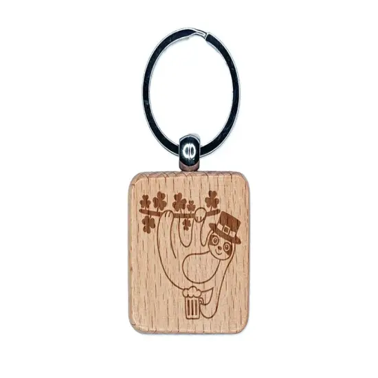 Saint Patrick's Day Sloth Lucky Irish Drinking Beer Engraved Wood Square Keychain Tag Charm {1}