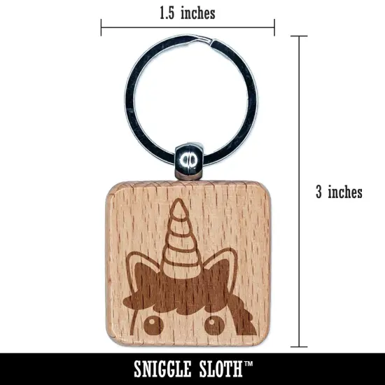 Peeking Unicorn Engraved Wood Square Keychain Tag Charm {2}