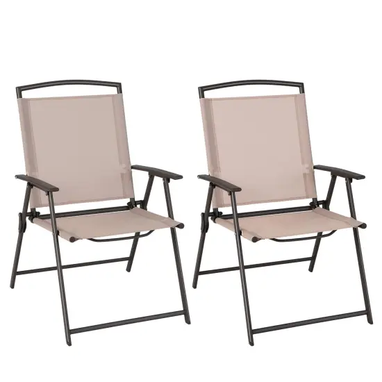 Set of 2 Patio Dining Chairs with Armrests and Rustproof Steel Frame-Beige {2}