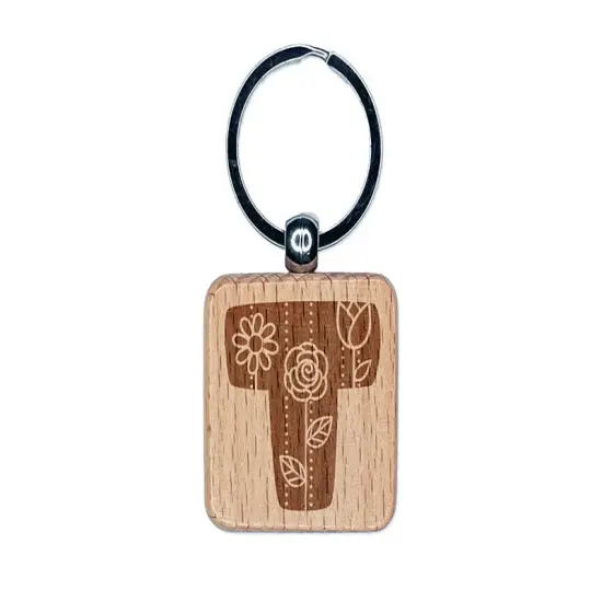 Sweet and Cute Flowers Rounded Block Letter T Engraved Wood Square Keychain Tag Charm {1}