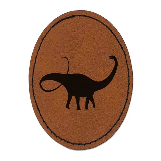 Apatosaurus Dinosaur Solid Round Iron-On Engraved Faux Leather Patch Applique - 2.5" Brown {1}