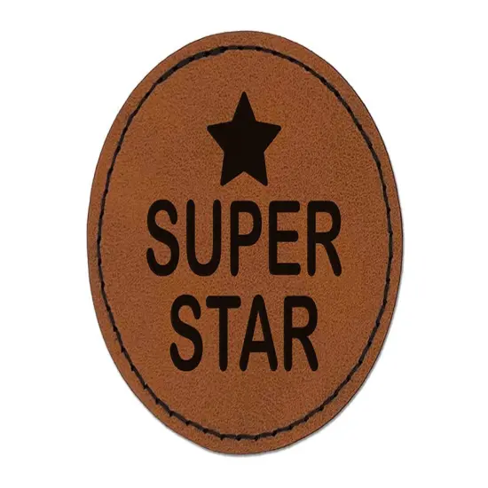 Super Star Fun Text Teacher School Round Iron-On Engraved Faux Leather Patch Applique - 2.5" Brown {1}