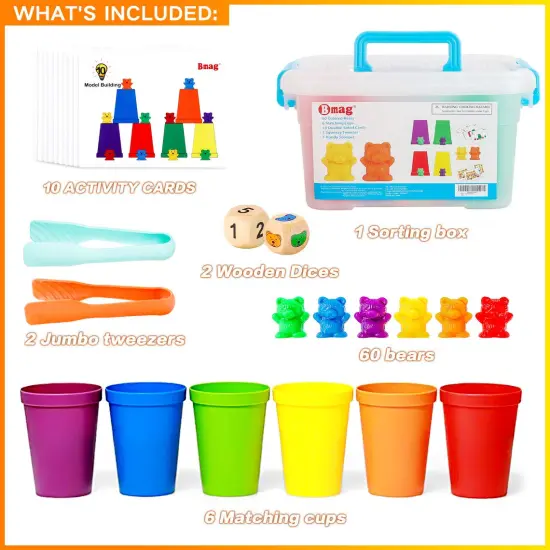Counting Bears with Matching Sorting Cups,Pre-School Math Learning Games with 2 Dices,Color Recognition STEM Educational Toy for Toddler Bonus Tweezers, Storage Box, Activity Cards {1}