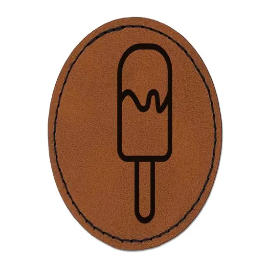 Popsicle Ice Cream on Stick Summer Round Iron-On Engraved Faux Leather Patch Applique - 2.5" Brown {1}