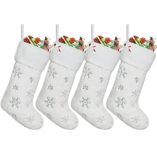 Set of 4 White Christmas Stockings 21" with Faux Furry Silver Large Snowflake {1}