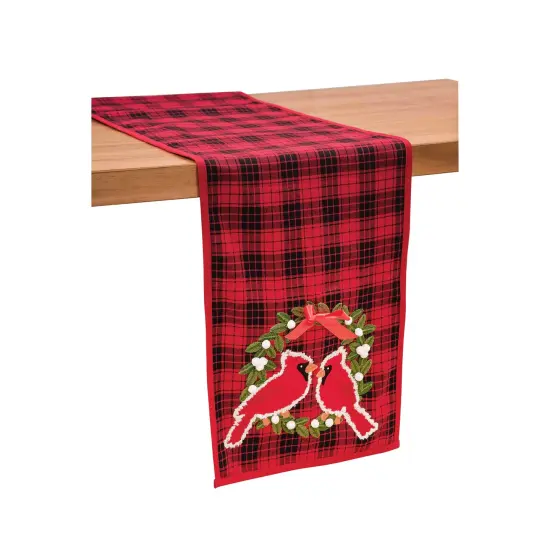Christmas Holiday Red Cardinal w/ Wreath Red & Black Plaid Cotton Table Runner 13" x 72" {3}