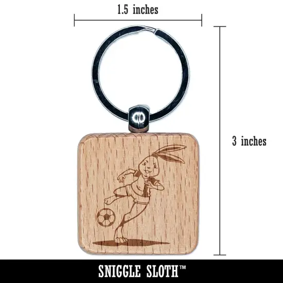 Athletic Bunny Rabbit Kicking Soccer Ball Football Engraved Wood Square Keychain Tag Charm {2}