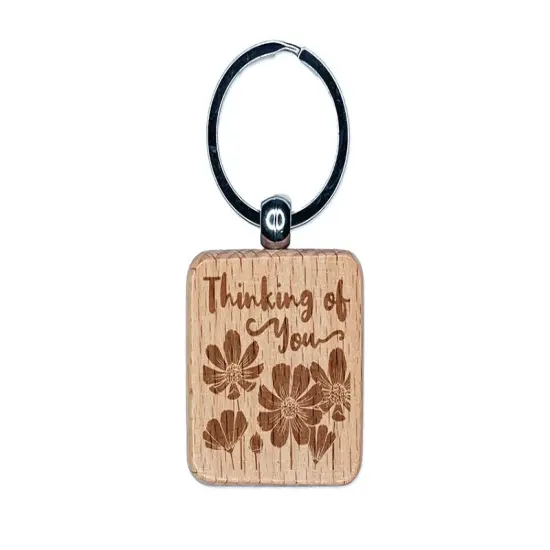 Thinking of You Cosmos Flowers Silhouette Engraved Wood Square Keychain Tag Charm {1}