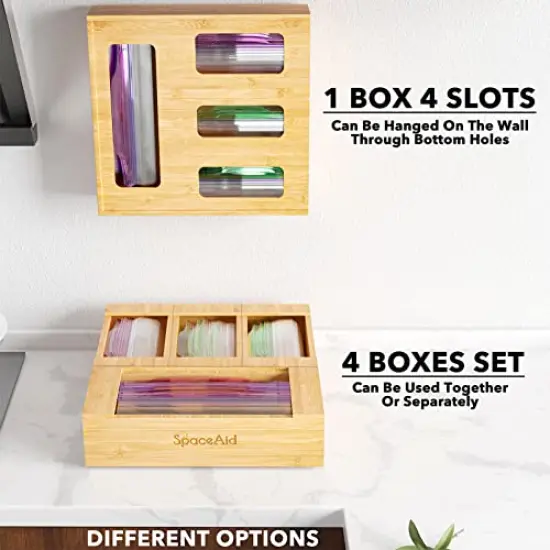 SpaceAid Bag Storage Organizer for Kitchen Drawer, Bamboo Organizer, Compatible with Gallon, Quart, Sandwich and Snack Variety Size Bag (1 Box 4 Slots) {2}