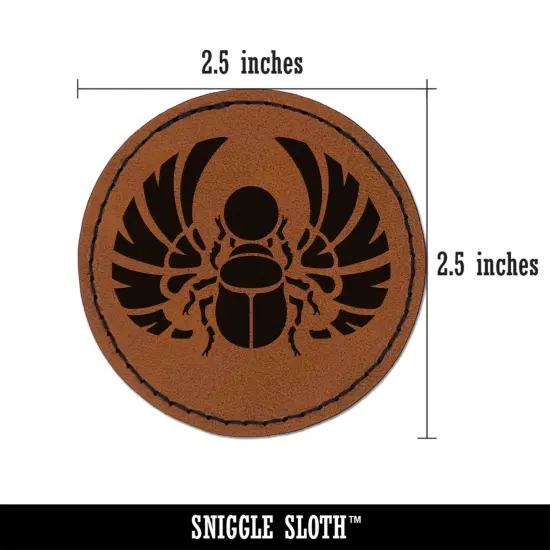 Egyptian Winged Scarab Beetle Pharaoh Mummy Amulet Insect Bug Round Iron-On Engraved Faux Leather Patch Applique - 2.5" Brown {3}