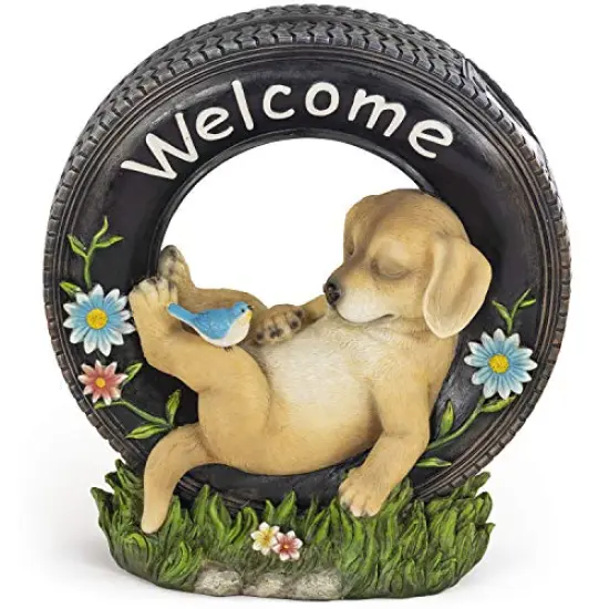 Welcome Puppy Dog Solar Powered LED Outdoor Decor Garden Light Outdoor Decor Garden Light Welcome Chillax Puppy Statues Outdoor Funny Figurine Decor for Outside Patio, Yard, Lawn {3}