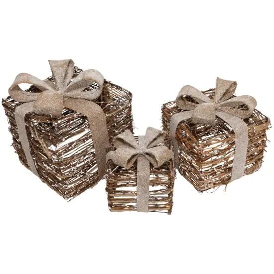 Northlight Lighted Rattan Gift Boxes with Burlap Bows Christmas Decorations - 9" - Set of 3 Brown {7}