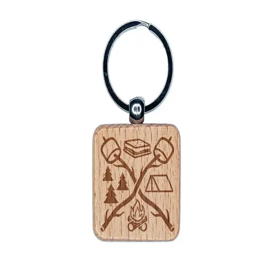 Camping S'mores Campfire Tent Marshmallows Engraved Wood Square Keychain Tag Charm {1}