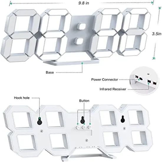 3D Wall Clock Desk Auto Dimming 12/24 Hour Date Temperature Home Decor Remote Control Silent Snooze USB Nightlight Bedroom Living Room Kitchen Office 9.7inch Cool White {3}