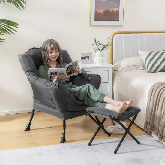 Comfortable Folding Sofa Chair with Ottoman and Sturdy Metal Frame Perfect for Study or Balcony Grey {2}