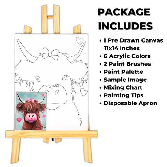 "Valentine's Day Cow" DIY Canvas Art Kit, Adult Beginner, Acrylic Paint Size 11x14 inch {2}
