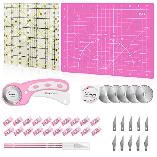 39 Pieces Rotary Cutter Set Pink - Quilting Kit incl. 45mm Fabric Cutter with 5 Extra Blades, A4 Cutting Mat, Craft Knife Set, Quilting Ruler and Sewing Clips, Ideal for Crafting, Sewing, Patchworking {2}