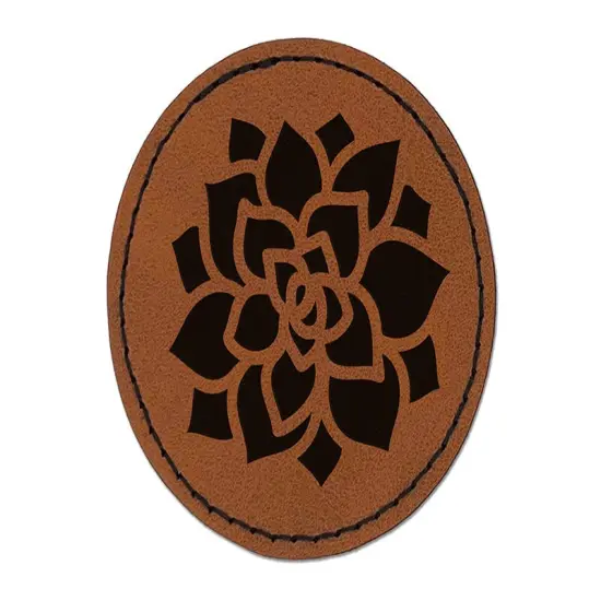 Succulent Plant Round Iron-On Engraved Faux Leather Patch Applique - 2.5" Brown {1}