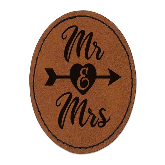 Mr and Mrs Heart and Arrow Wedding Round Iron-On Engraved Faux Leather Patch Applique - 2.5" Brown {1}
