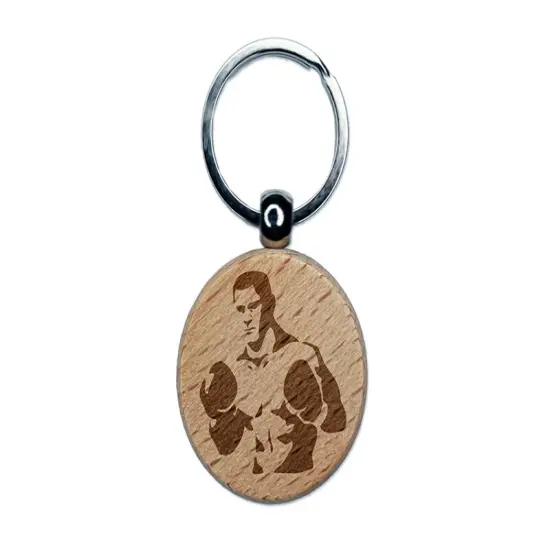 Boxer Man with Boxing Gloves Pugilist Engraved Wood Round Keychain Tag Charm {1}