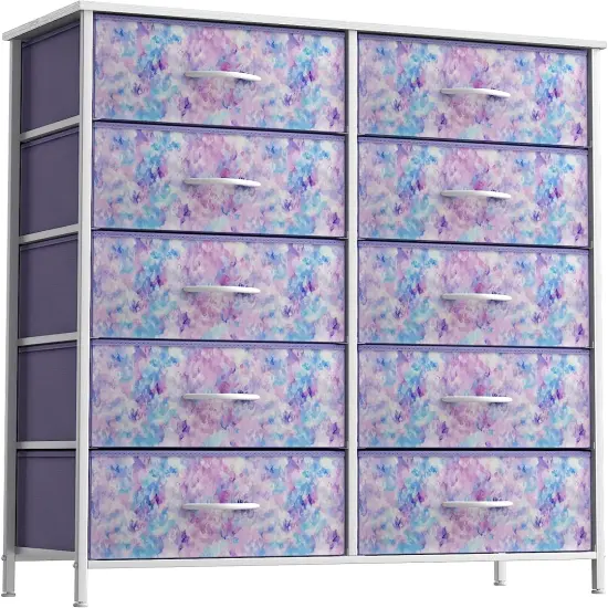 Sorbus Dresser with 10 Drawers - Storage Unit Organizer Chest for Clothes - Bedroom, Room, Nursery, & Closet - Steel Frame, Wood Top & Handles, and Easy Pull Fabric Bins Tie Dye Purple {1}