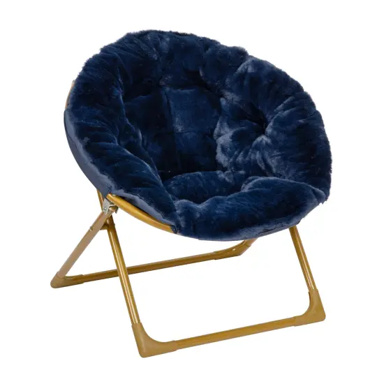 Emma and Oliver Io Kid's Folding Saucer Chair with Cozy Faux Fur Upholstery and Metal Frame for Playroom, Bedrooms, Nursery and More NavyFauxFur/SoftGold {1}