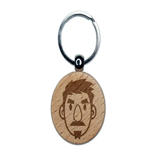 Human Male Character Face Engraved Wood Round Keychain Tag Charm {1}