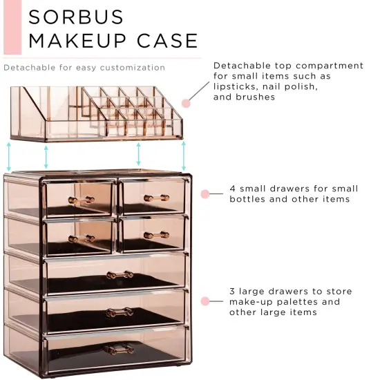 Sorbus Medium Makeup Organizer Set - (3 Large / 4 Small Drawers/Top Tray) Brown {3}